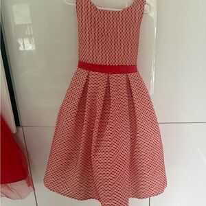 Red Patterned formal Kids Dress, pleated, puffy and bow
